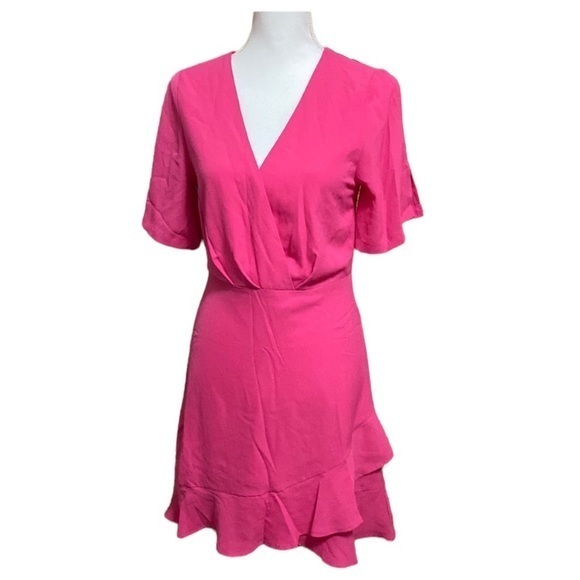 She + Sky‎ Women’s Medium Hot Pink Flare Ruffle V-Neck Mini Dress Barbie - Picture 3 of 16